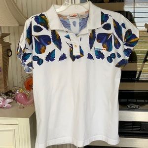 ELLESSE TENNIS TOP ITALY WHITE POLO WITH PURPLE, AQUA LEAVES